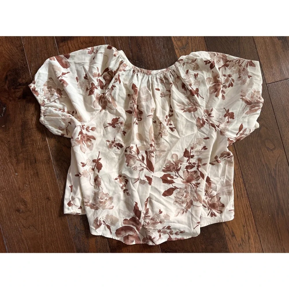 Abercrombie & Fitch Floral Puff Sleeve Blouse Cream Brown Short Sleeve Top Small